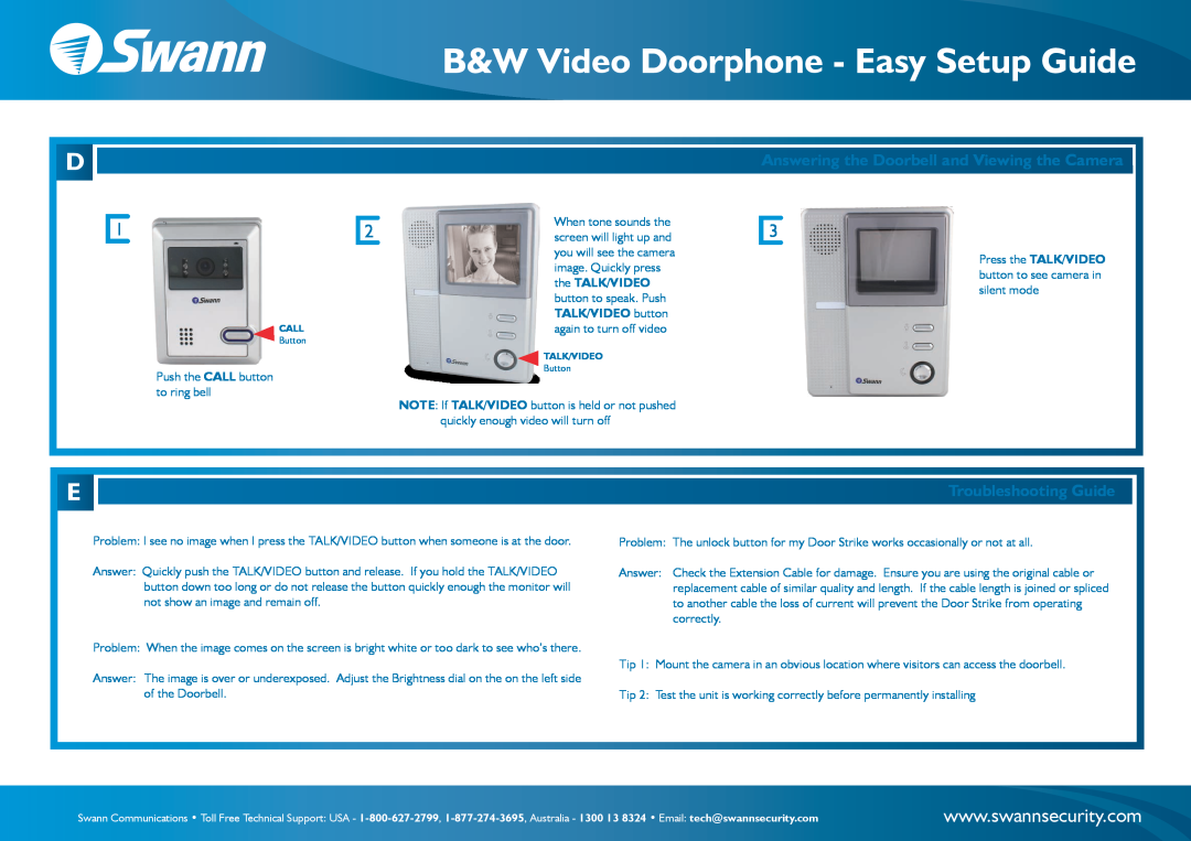 Swann SR244-BVD setup guide Answering the Doorbell and Viewing the Camera, Troubleshooting Guide 