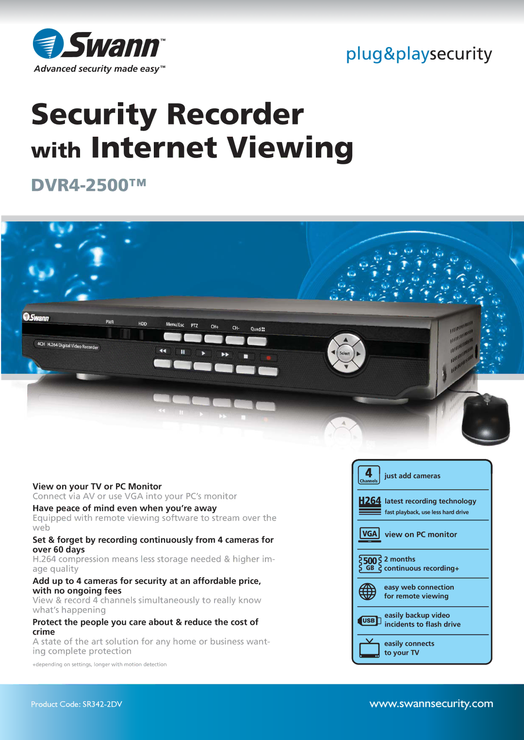 Swann SR342-2DV manual Security Recorder with Internet Viewing 