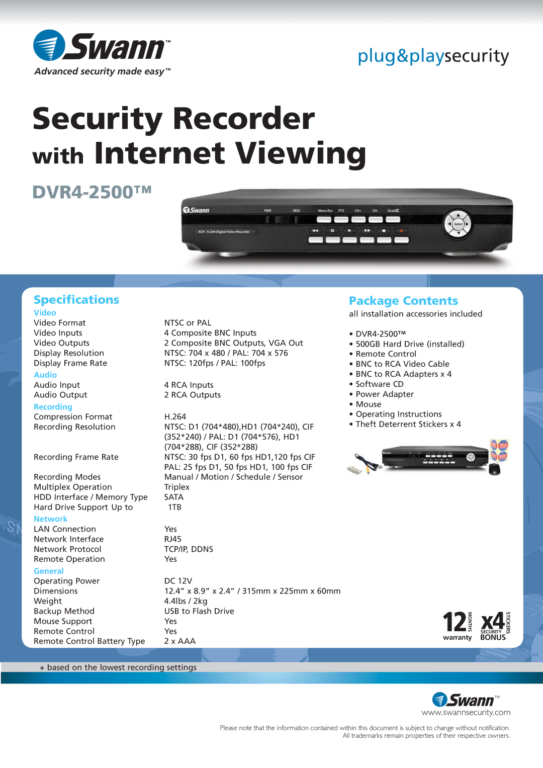 Swann SR342-2DV manual Speciﬁcations, Package Contents 