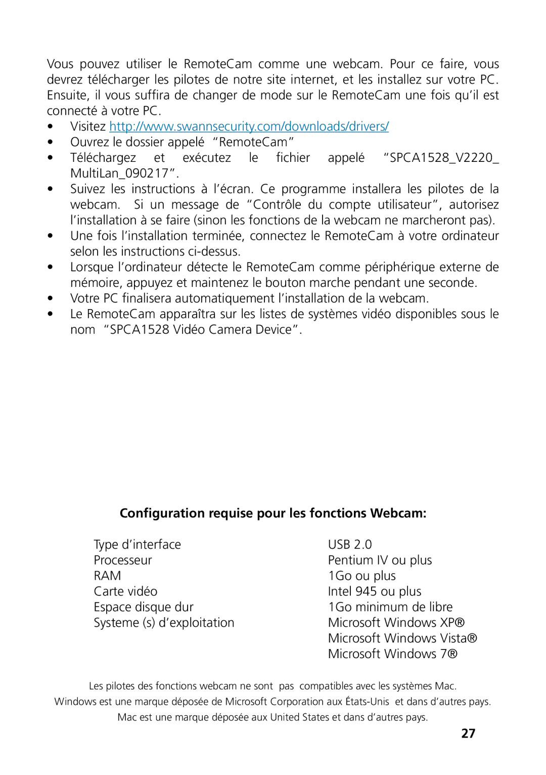 Swann SR361-RMC, RMC190210T Utilisation du RemoteCam comme une WebCam, Configuration requise pour les fonctions Webcam 