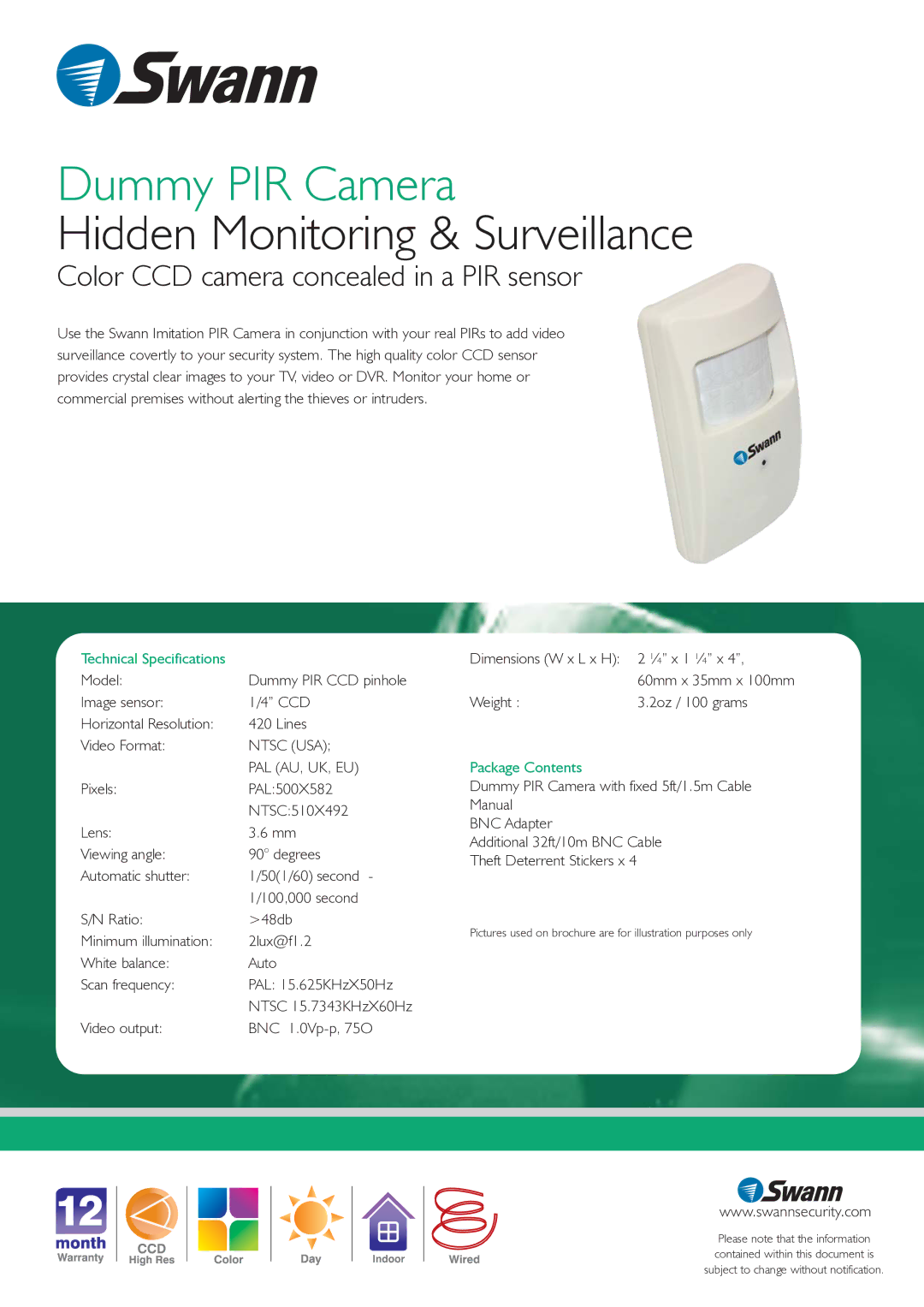 Swann SW-C-DPCC Hidden Monitoring & Surveillance, Color CCD camera concealed in a PIR sensor, Technical Specifications 