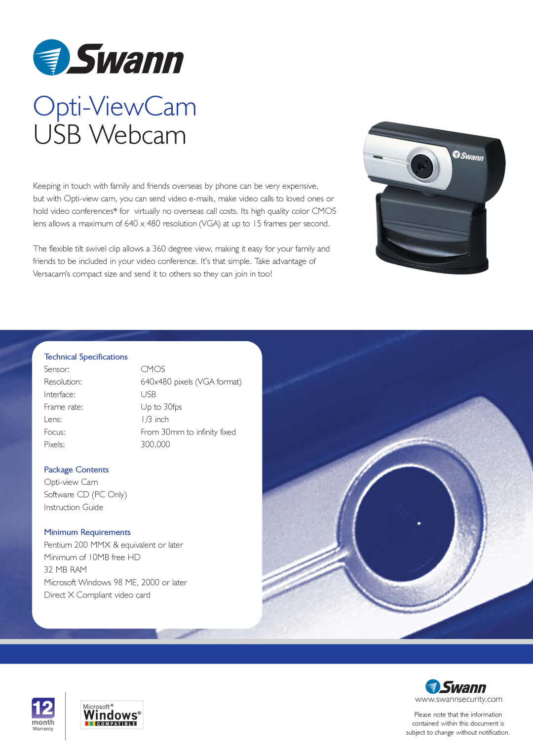 Swann SW-U-VCM manual USB Webcam, Package Contents, Minimum Requirements 