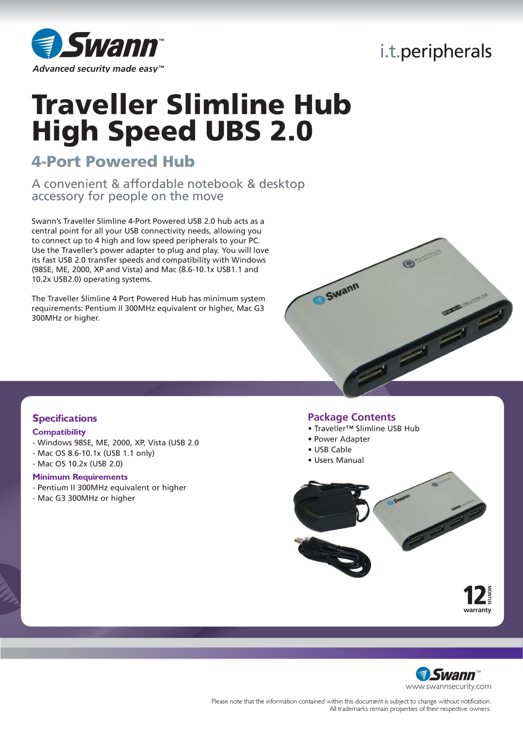 Swann SW120-4PS manual Specifications, Package Contents 