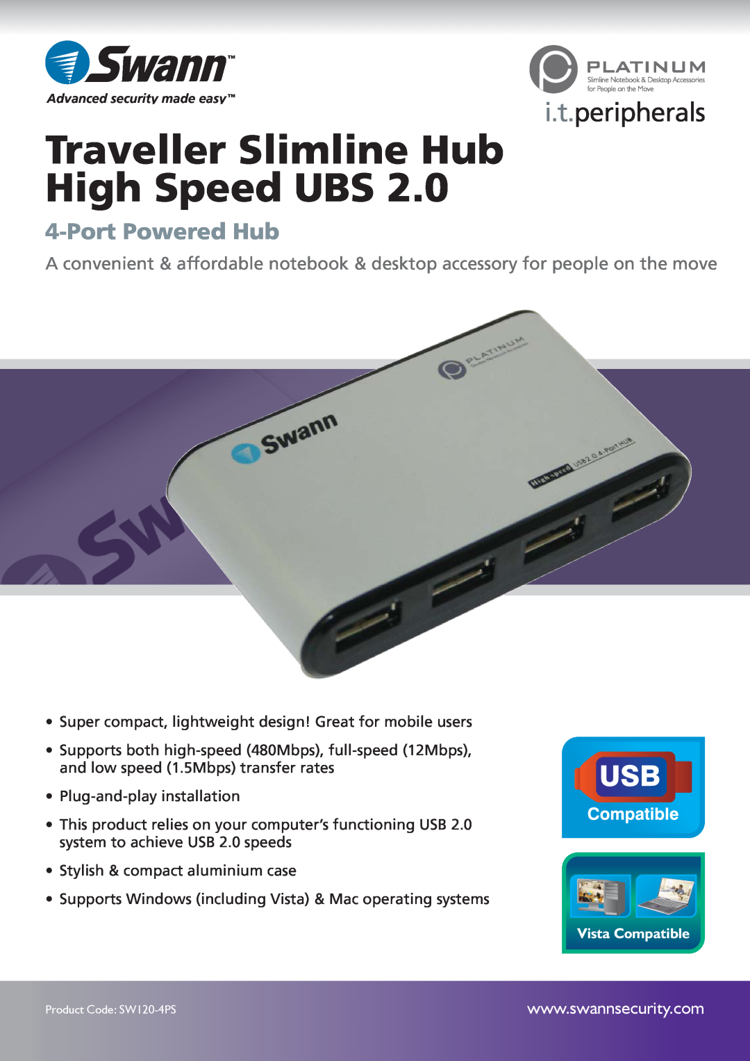 Swann SW120-4PS manual Traveller Slimline Hub High Speed UBS, i.t.peripherals, Port Powered Hub 