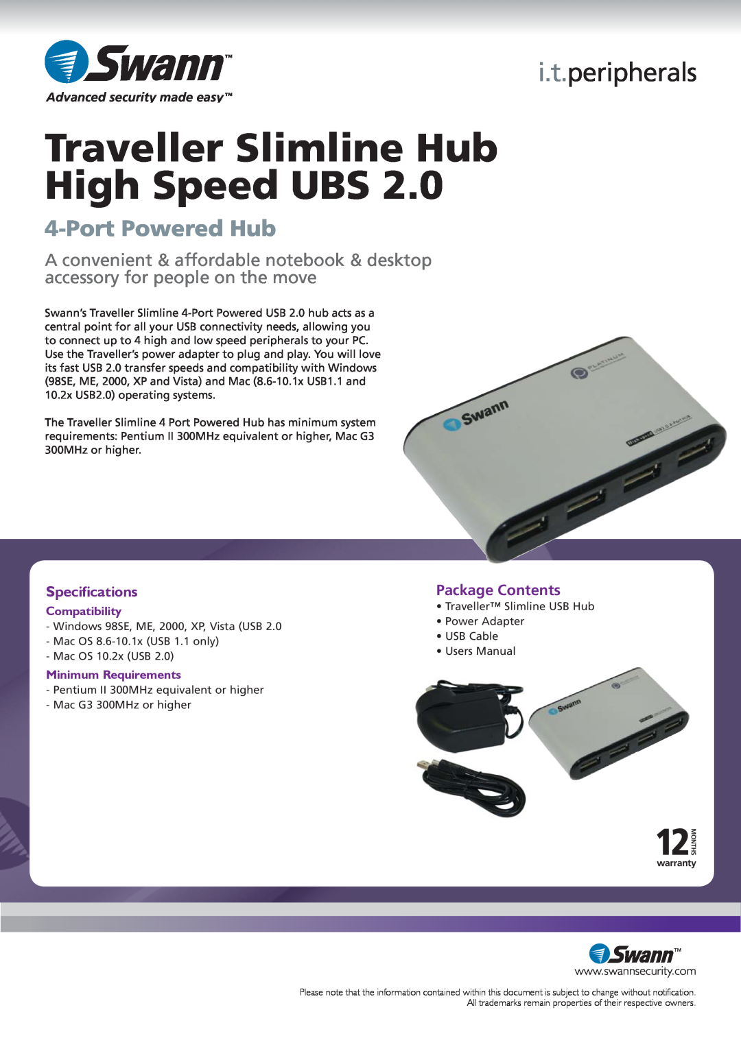 Swann SW120-4PS Traveller Slimline Hub High Speed UBS, i.t.peripherals, Port Powered Hub, Specifications, Package Contents 
