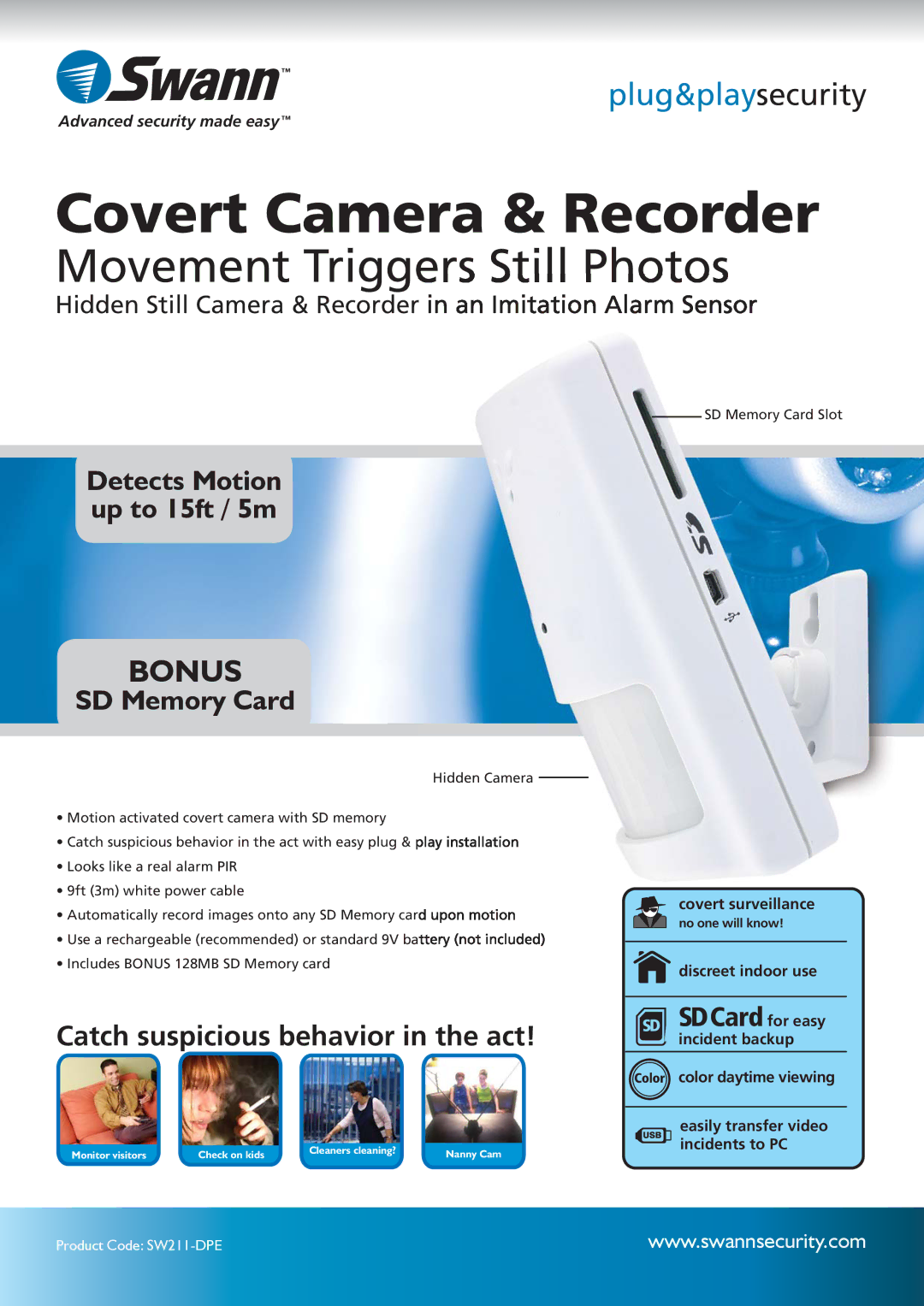 Swann SW211-DPE manual Covert Camera & Recorder, Movement Triggers Still Photos, Bonus, SD Memory Card 