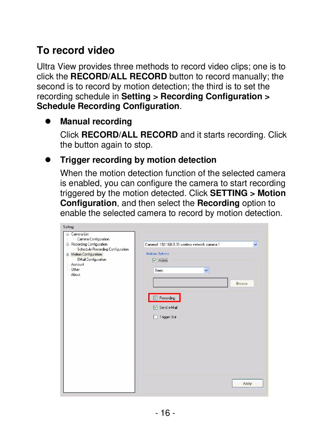 Swann SW111-WIP, SW211-WIP user manual To record video, Manual recording, Trigger recording by motion detection 