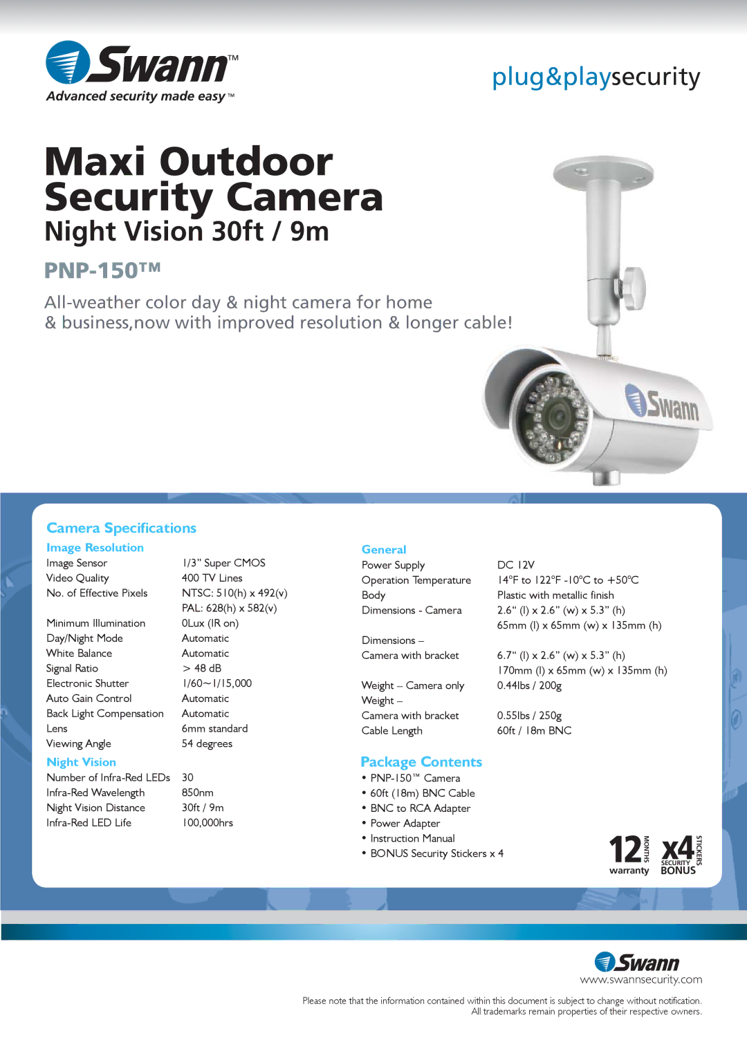 Swann SW212-HXB manual Camera Specifications, Package Contents 