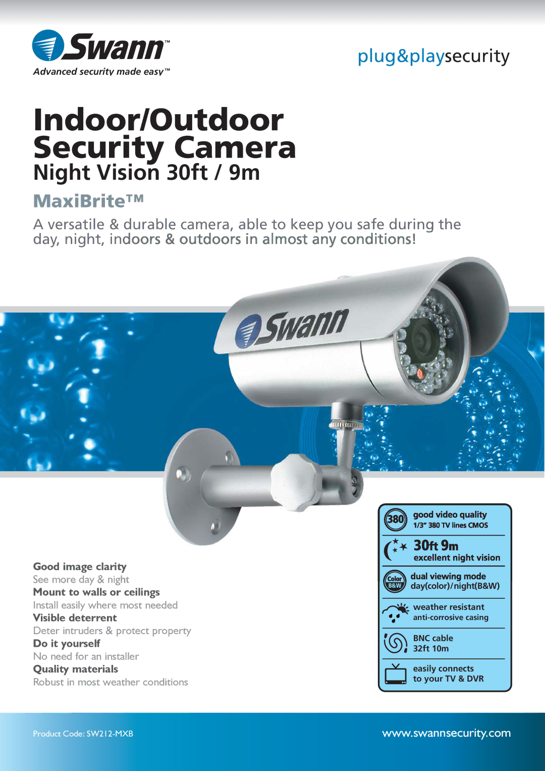 Swann SW212-MXB manual Indoor/Outdoor Security Camera 