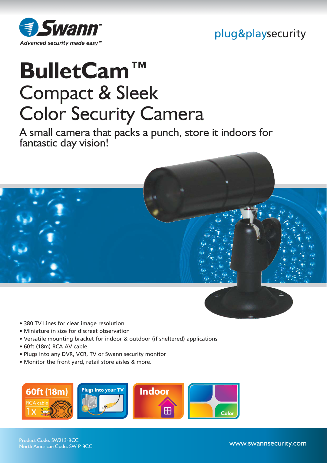 Swann SW213-BCC manual BulletCam, Compact & Sleek Color Security Camera 