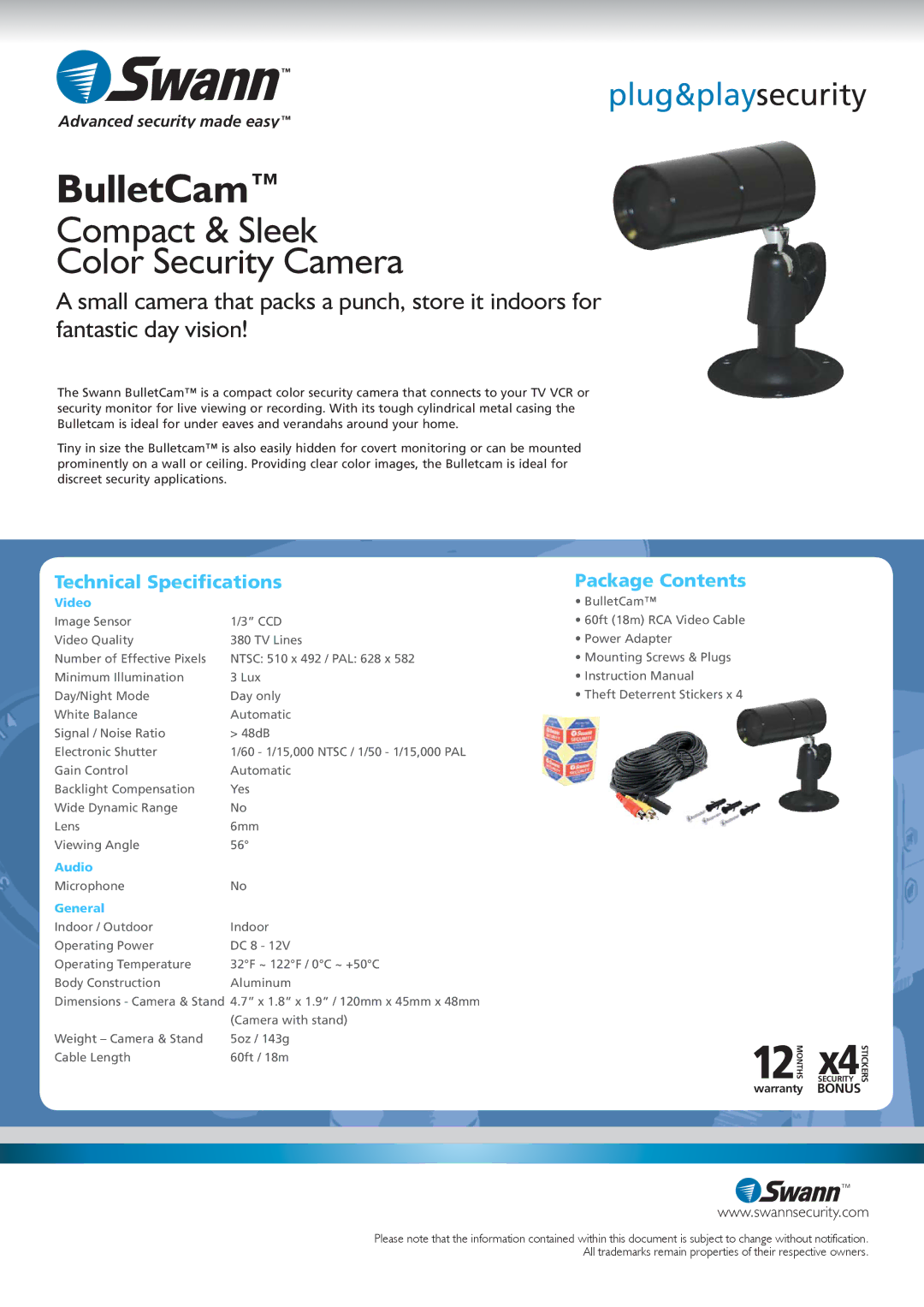 Swann SW213-BCC manual BulletCam, Compact & Sleek Color Security Camera, Technical Speciﬁcations, Package Contents 