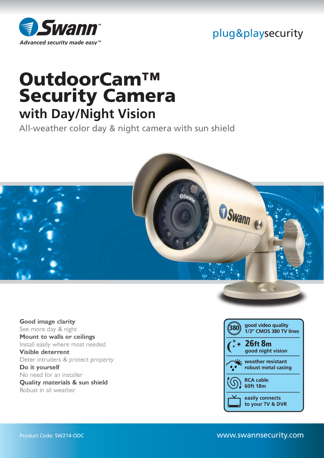 Swann SW214-ODC manual OutdoorCam Security Camera 