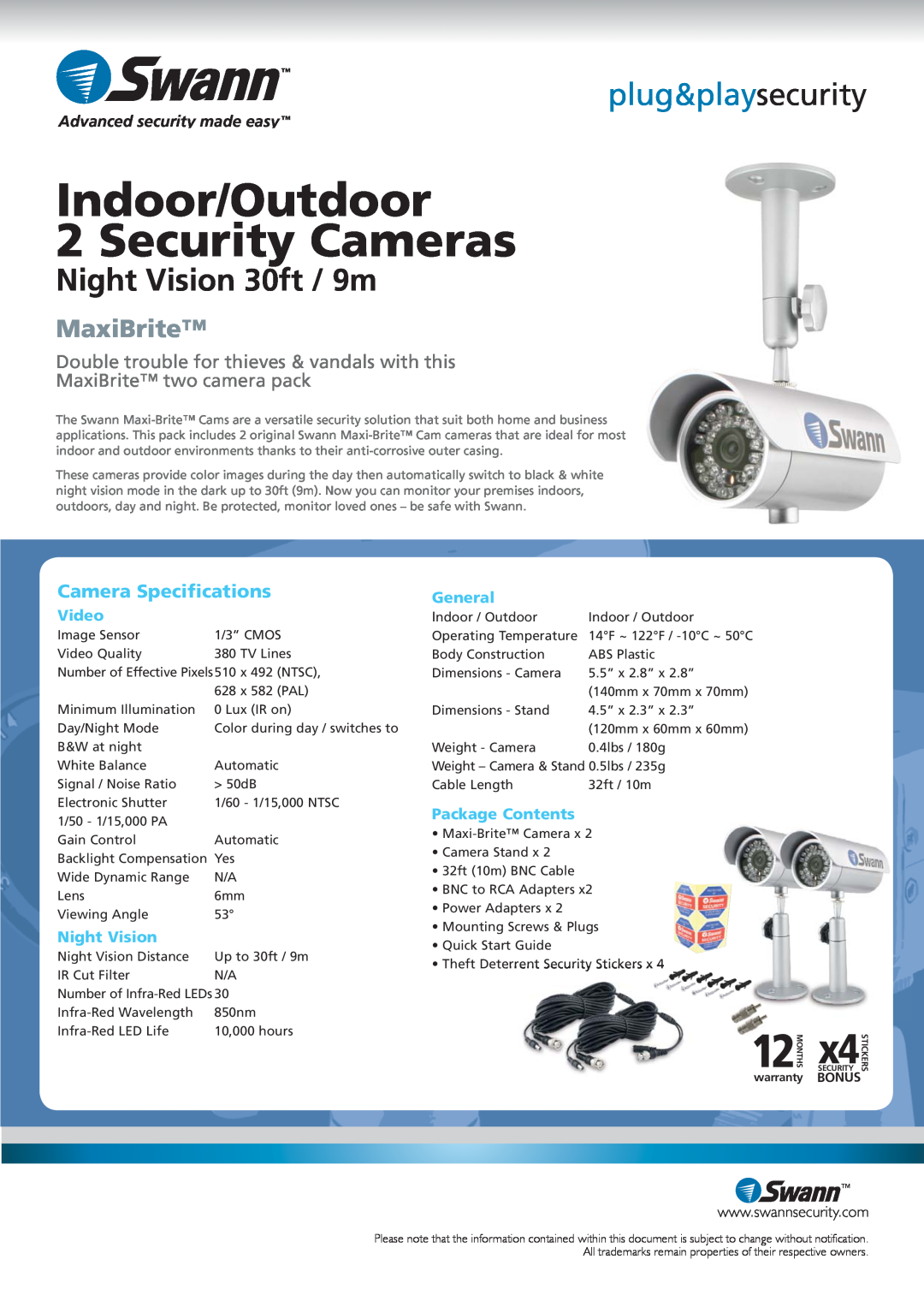 Swann SW215-2MX Bonus, Indoor/Outdoor 2 Security Cameras, plug&playsecurity, Night Vision 30ft / 9m, MaxiBrite, General 