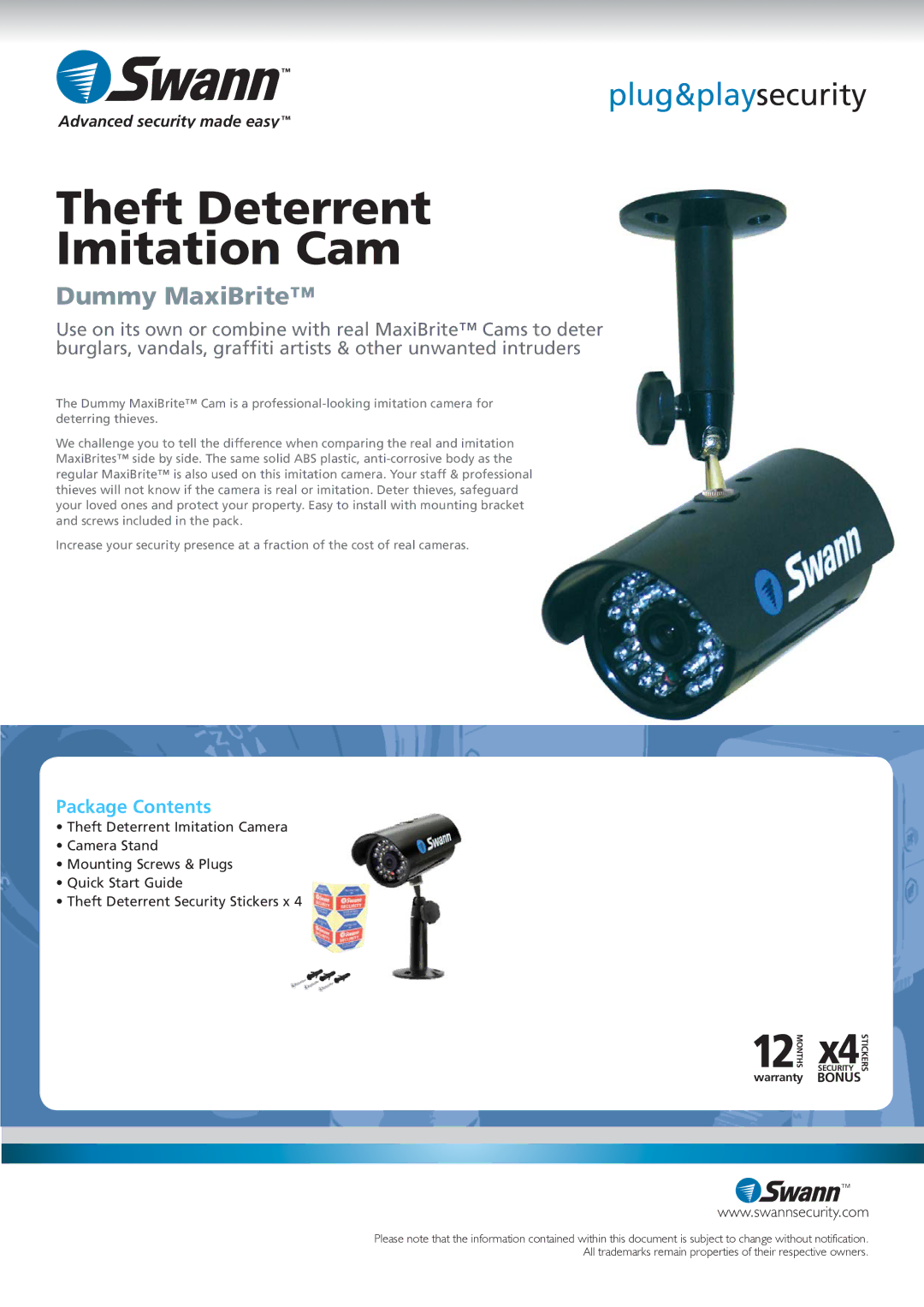 Swann SW215-DMX manual Theft Deterrent Imitation Cam, Dummy MaxiBrite, Package Contents 