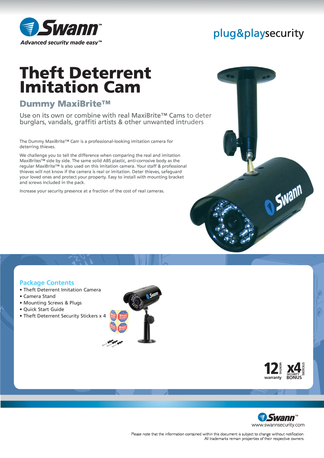 Swann SW215-DMX manual Bonus, Theft Deterrent Imitation Cam, plug&playsecurity, Dummy MaxiBrite, Package Contents 