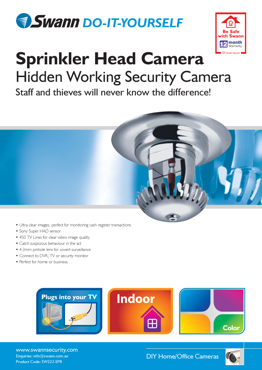 Swann SW223-SPR warranty Sprinkler Head Camera 