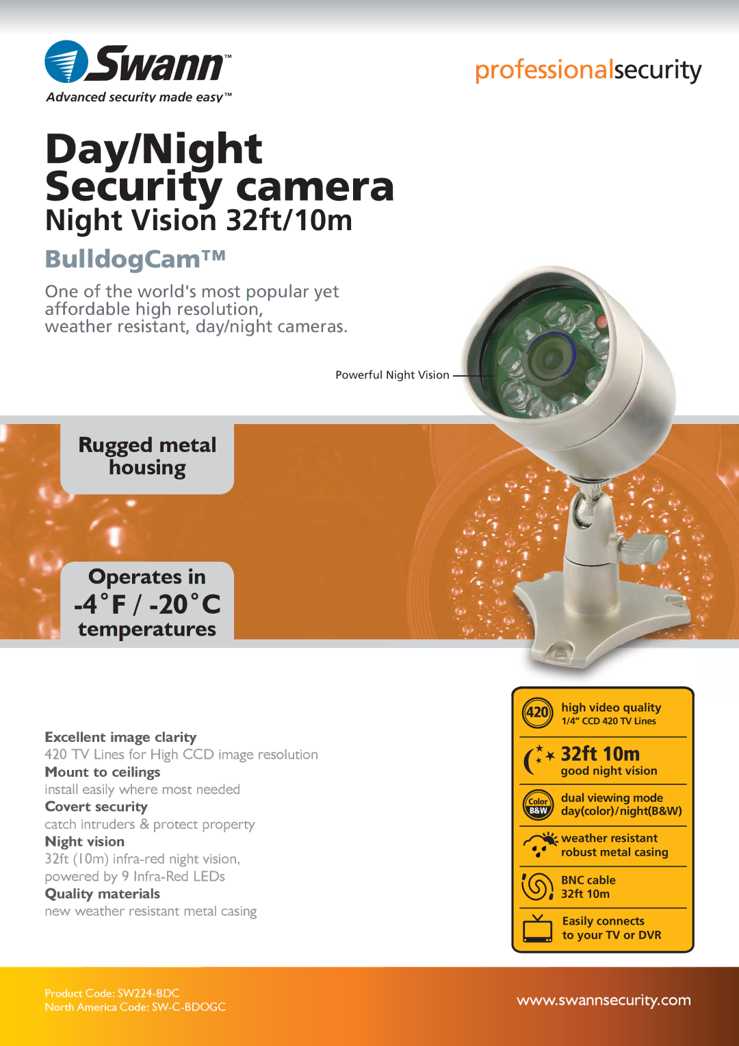 Swann SW224-BDC manual Day/Night Security camera, ˚F / -20˚C 