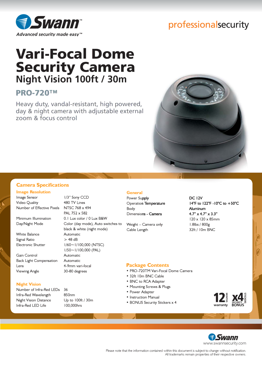 Swann SW224-CK4, PRO-720 manual Camera Specifications, Package Contents 