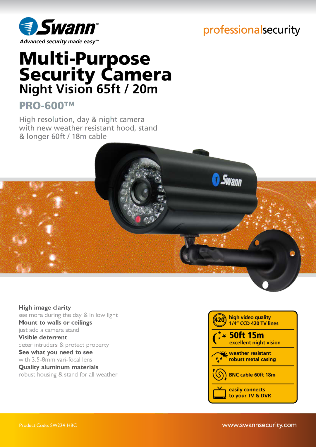 Swann PRO-600, SW224-HBC manual Multi-Purpose Security Camera 