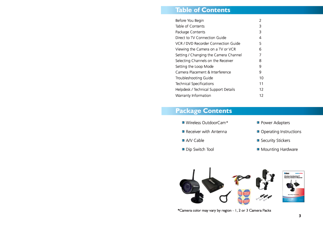 Swann SW231-WCH Table of Contents, Package Contents, Wireless OutdoorCam, Power Adapters, Receiver with Antenna, A/V Cable 