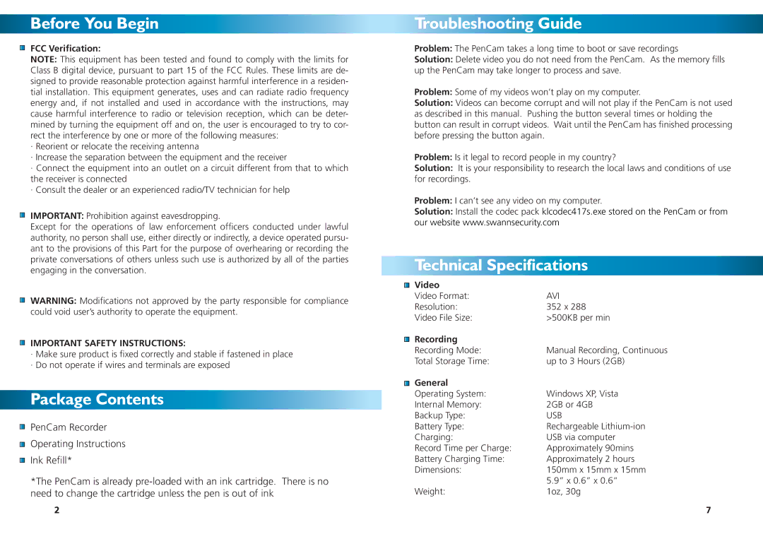 Swann SW234-PC2 warranty Before You Begin, Package Contents, Troubleshooting Guide, Technical Specifications 