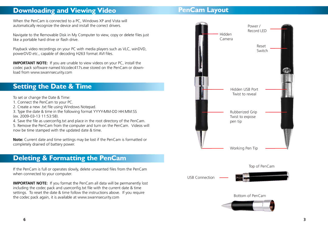 Swann SW234-PC2 Downloading and Viewing Video, Setting the Date & Time, Deleting & Formatting the PenCam, PenCam Layout 