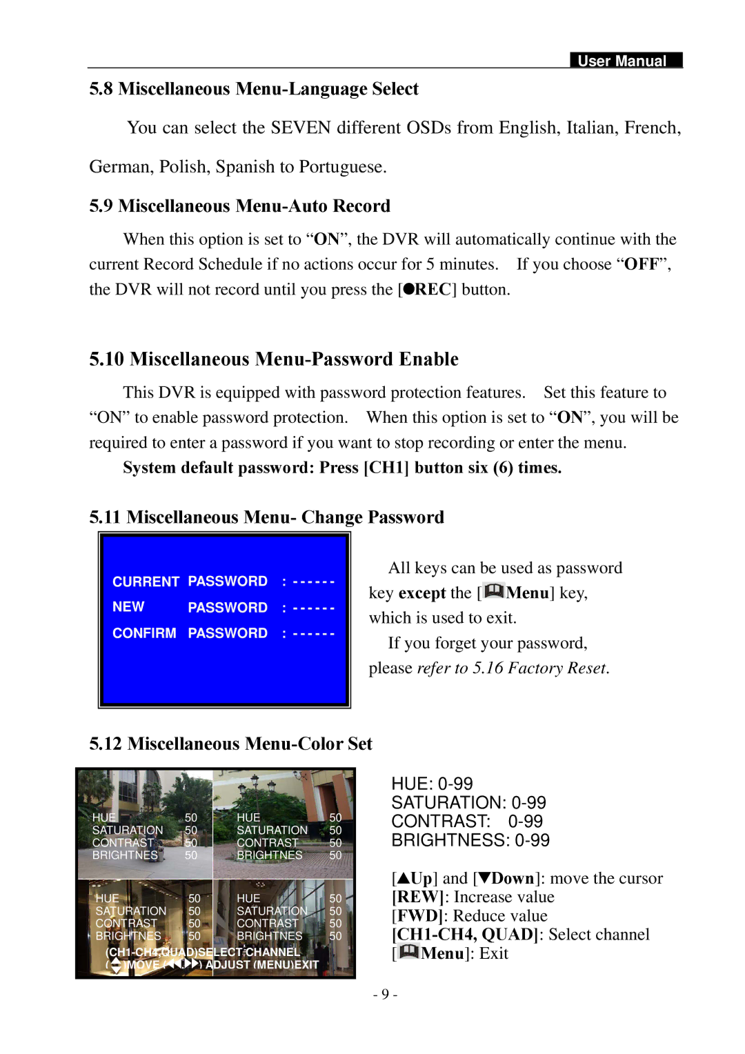 Swann SW242-2LP Miscellaneous Menu-Language Select, Miscellaneous Menu-Auto Record, Miscellaneous Menu- Change Password 