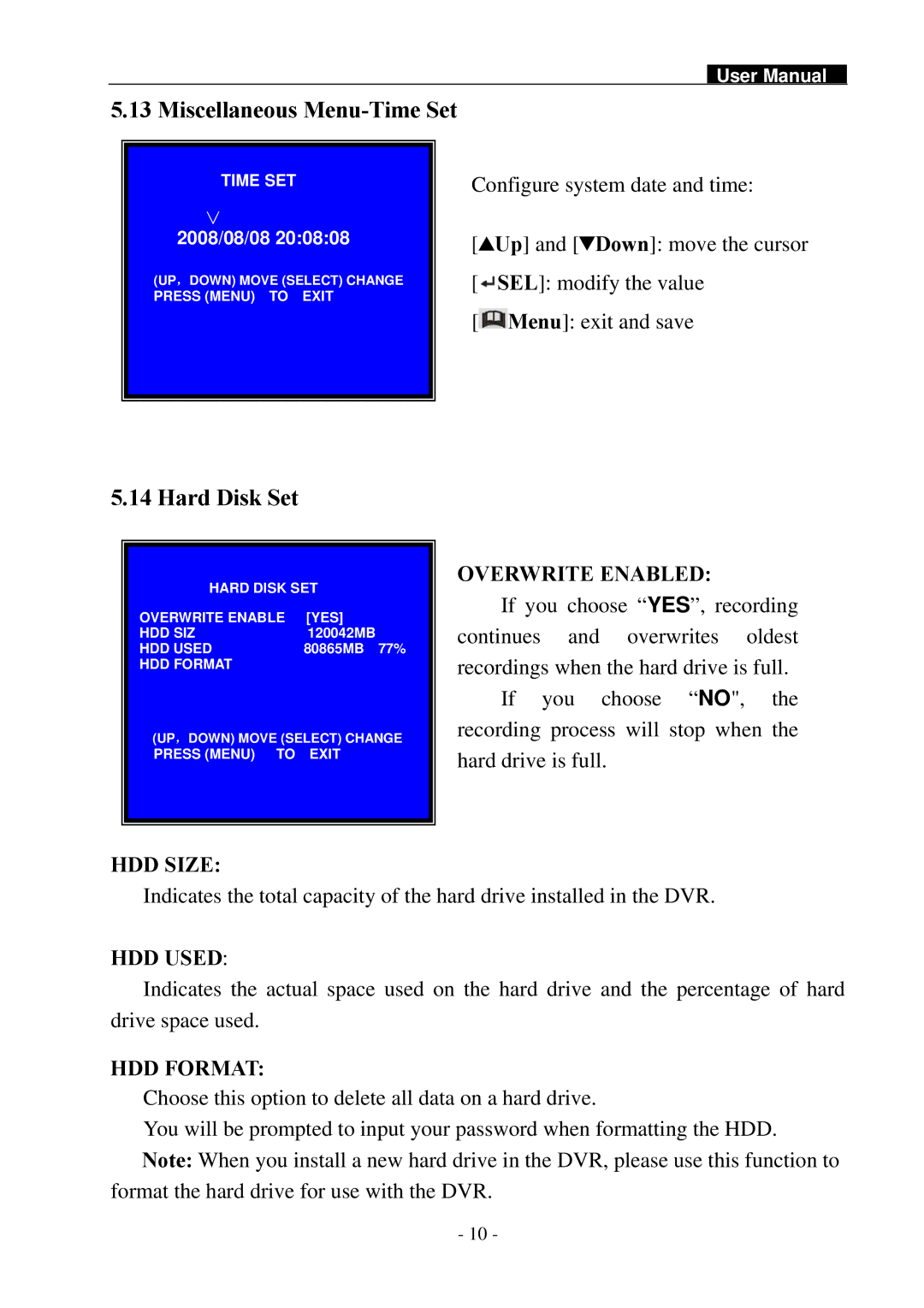 Swann SW242-2LP user manual Miscellaneous Menu-Time Set, Hard Disk Set 