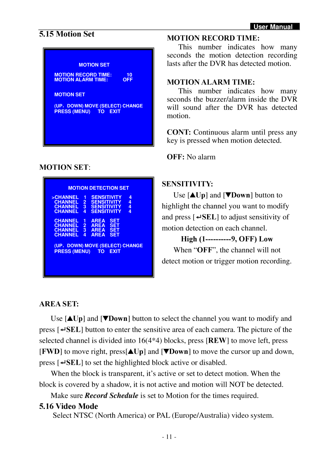 Swann SW242-2LP user manual Motion Set, Video Mode 