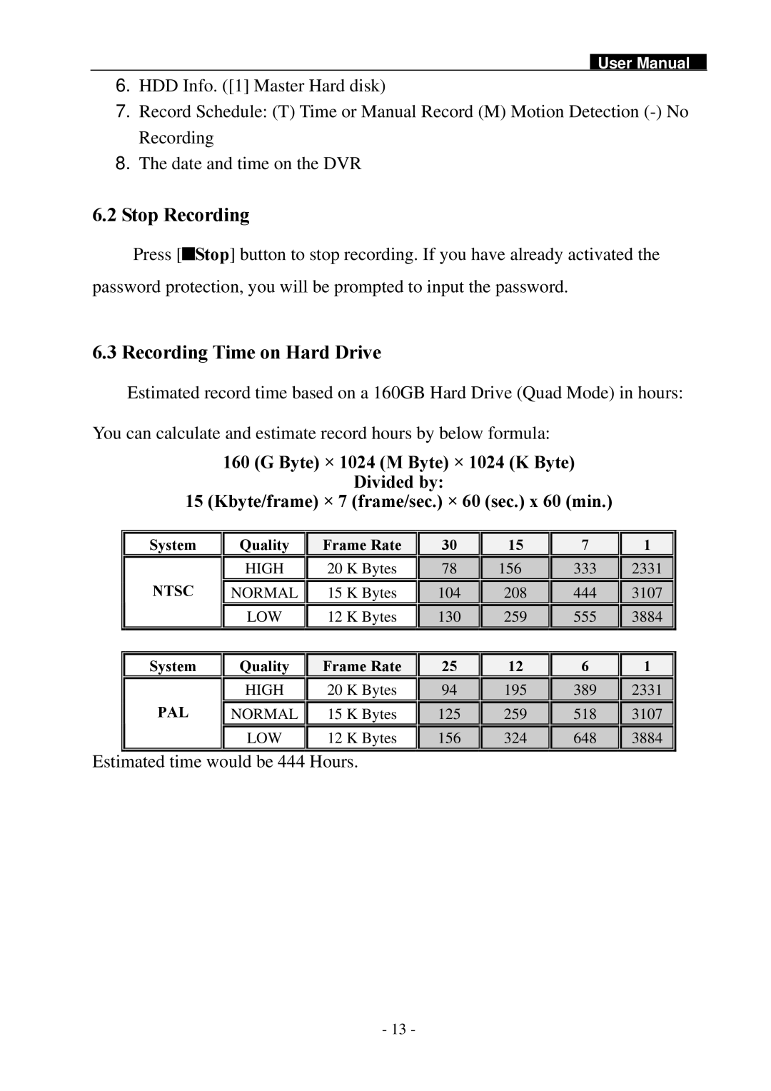 Swann SW242-2LP user manual Stop Recording, Recording Time on Hard Drive 