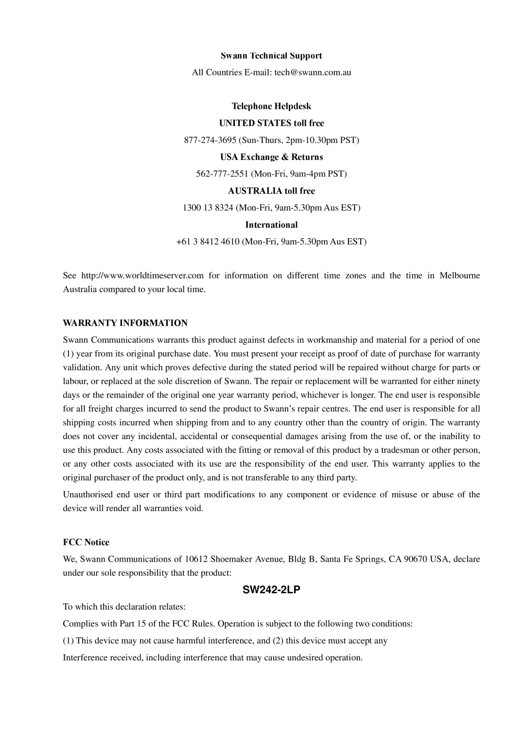 Swann SW242-2LP user manual 