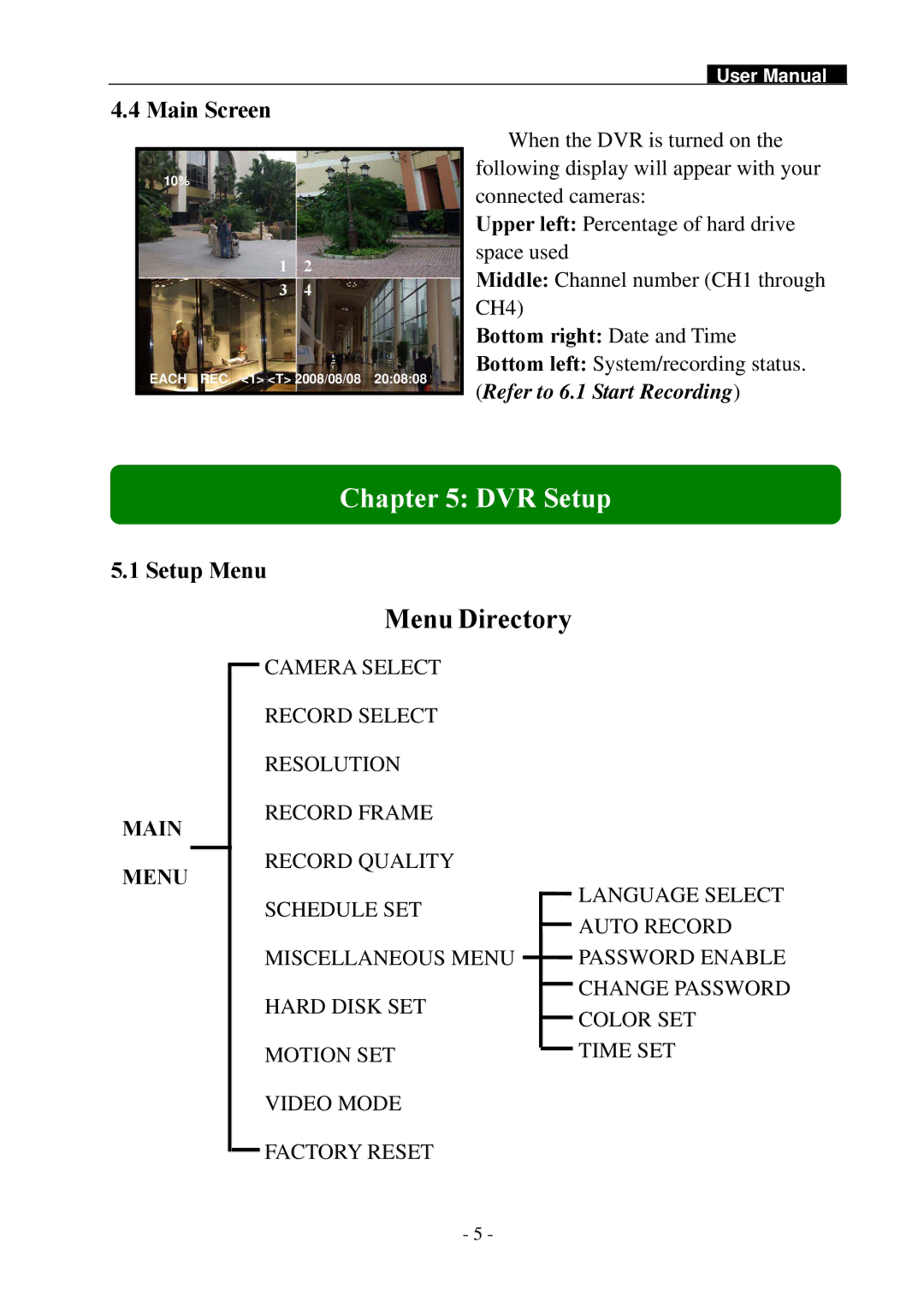 Swann SW242-2LP user manual DVR Setup, Main Screen, Setup Menu 