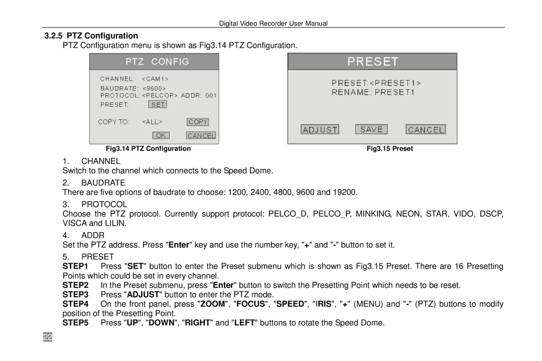 Swann SW242-6T4, P-6T4 manual PTZ Configuration, Baudrate, Protocol, Addr, Preset 