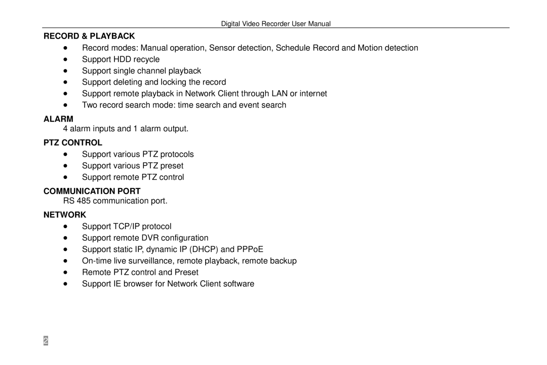 Swann SW242-6T4, P-6T4 manual Record & Playback, Alarm, PTZ Control, Communication Port, Network 