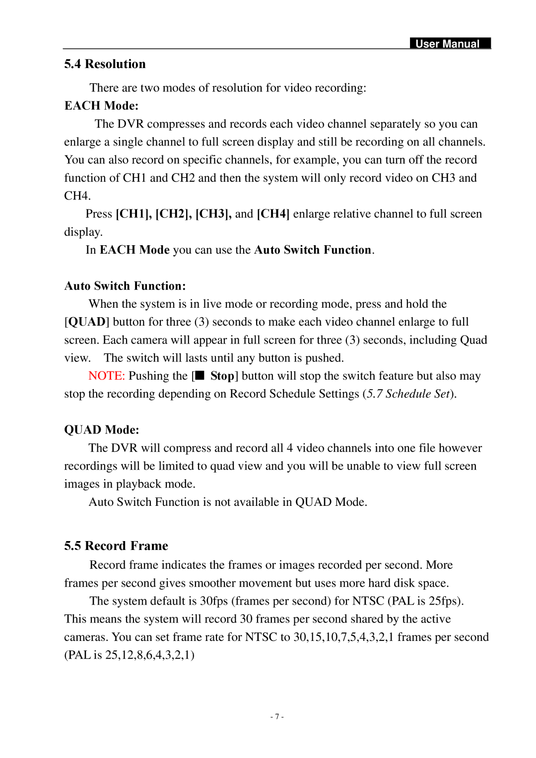 Swann SW242-DAL, SW244-DAO manual Resolution, Record Frame 