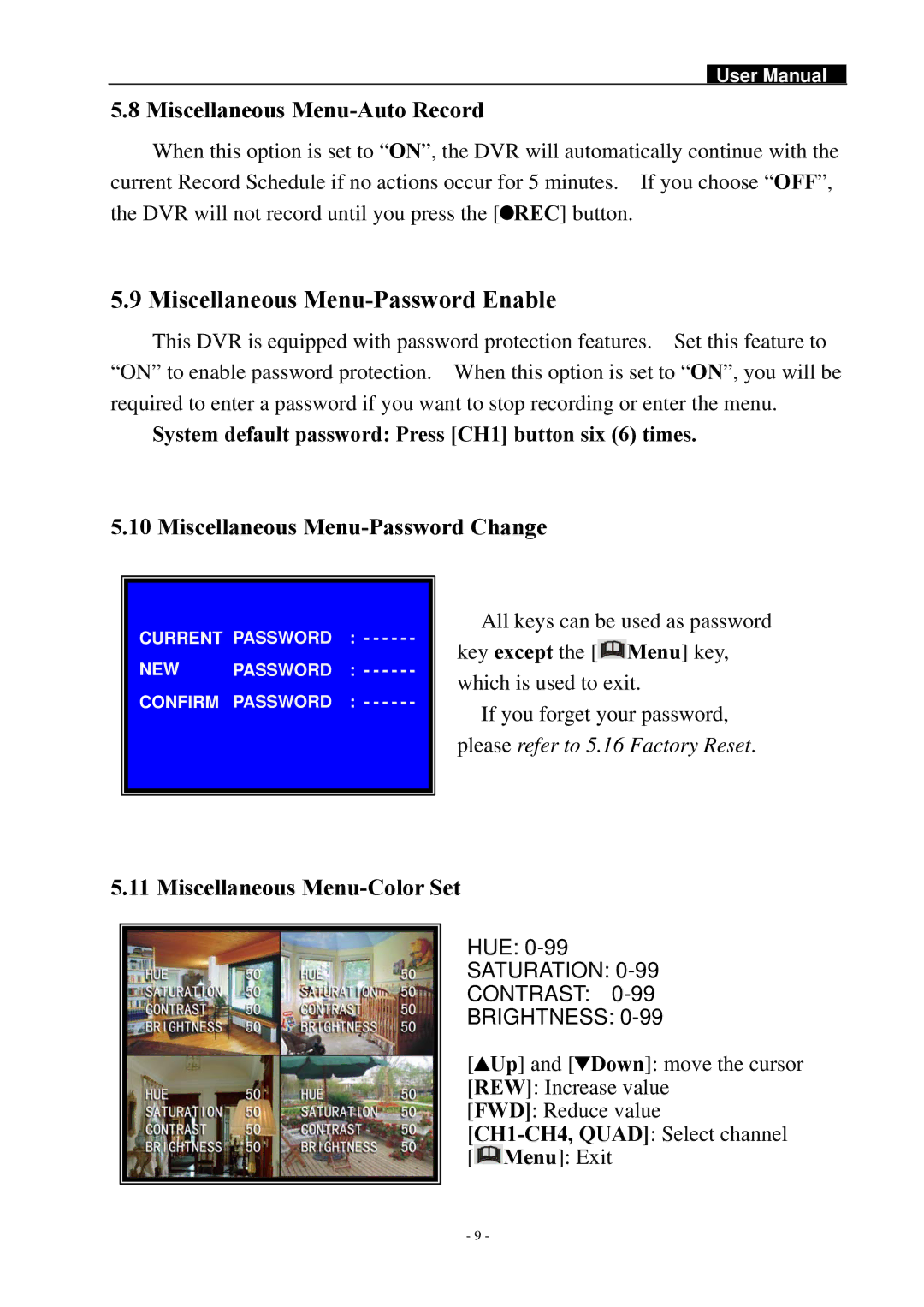 Swann SW242-DAL manual Miscellaneous Menu-Auto Record, Miscellaneous Menu-Password Change, Miscellaneous Menu-Color Set 