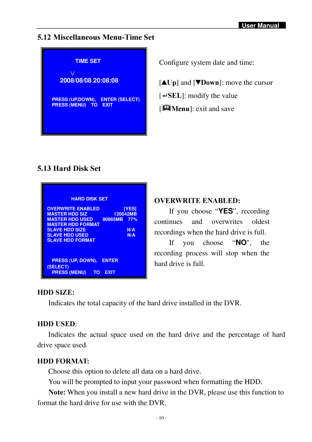 Swann SW244-DAO, SW242-DAL manual Miscellaneous Menu-Time Set, Hard Disk Set 