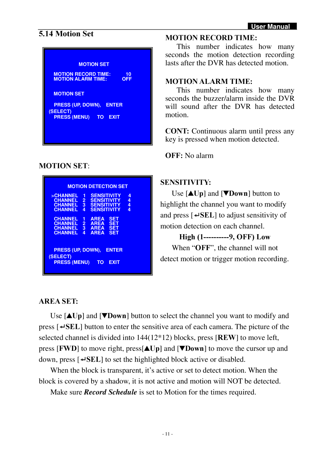 Swann SW242-DAL, SW244-DAO manual Motion Set 