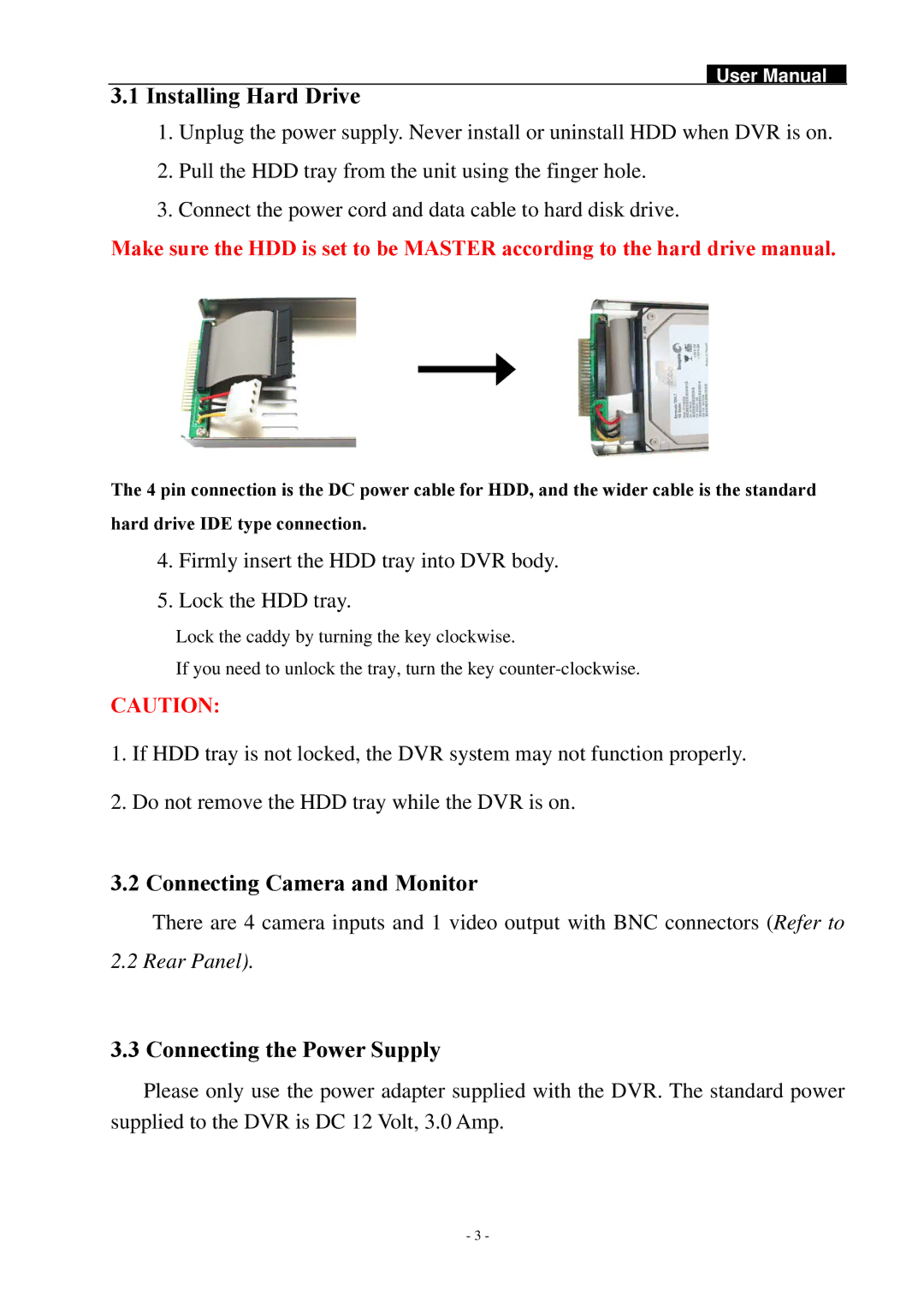 Swann SW242-DAL, SW244-DAO manual Installing Hard Drive, Connecting Camera and Monitor, Connecting the Power Supply 