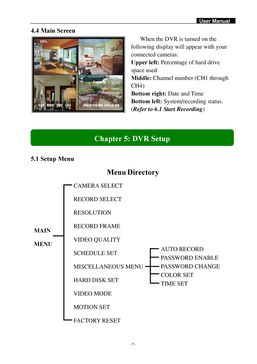 Swann SW242-DAL, SW244-DAO manual DVR Setup, Main Screen, Setup Menu 