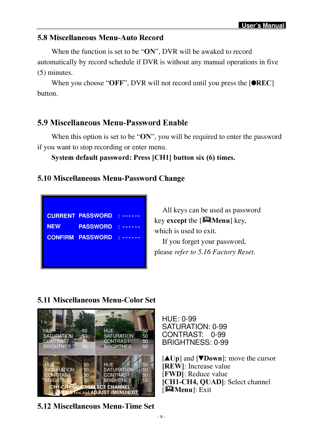 Swann SW242-LPN manual Miscellaneous Menu-Auto Record, Miscellaneous Menu-Password Change, Miscellaneous Menu-Color Set 