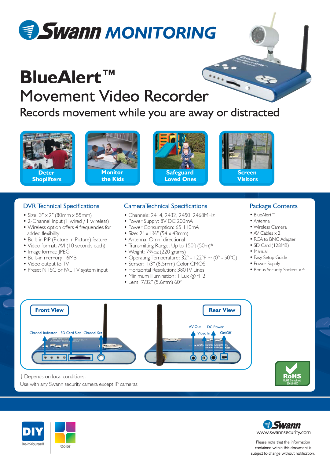 Swann SW242-WBW BlueAlert, Monitoring, Movement Video Recorder, Records movement while you are away or distracted, Deter 