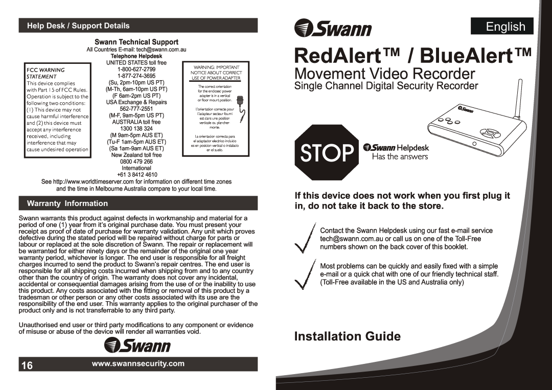 Swann SW242-WDB warranty Help Desk / Support Details, Warranty Information, RedAlert / BlueAlert, Movement Video Recorder 