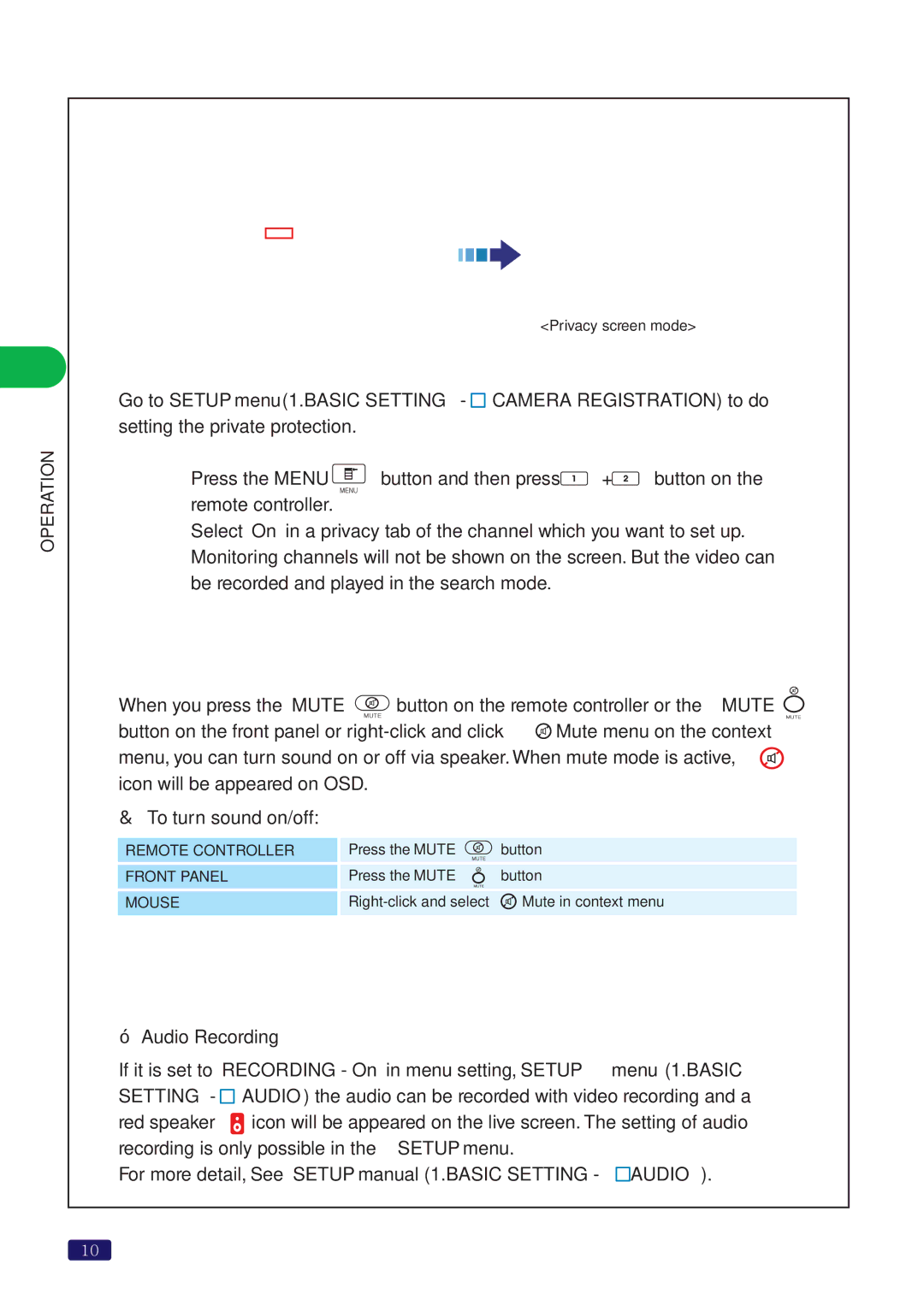 Swann SW244-8ML manual How to hide monitoring channels for privacy, How to turn sound On /Off Mute, How to record audio 