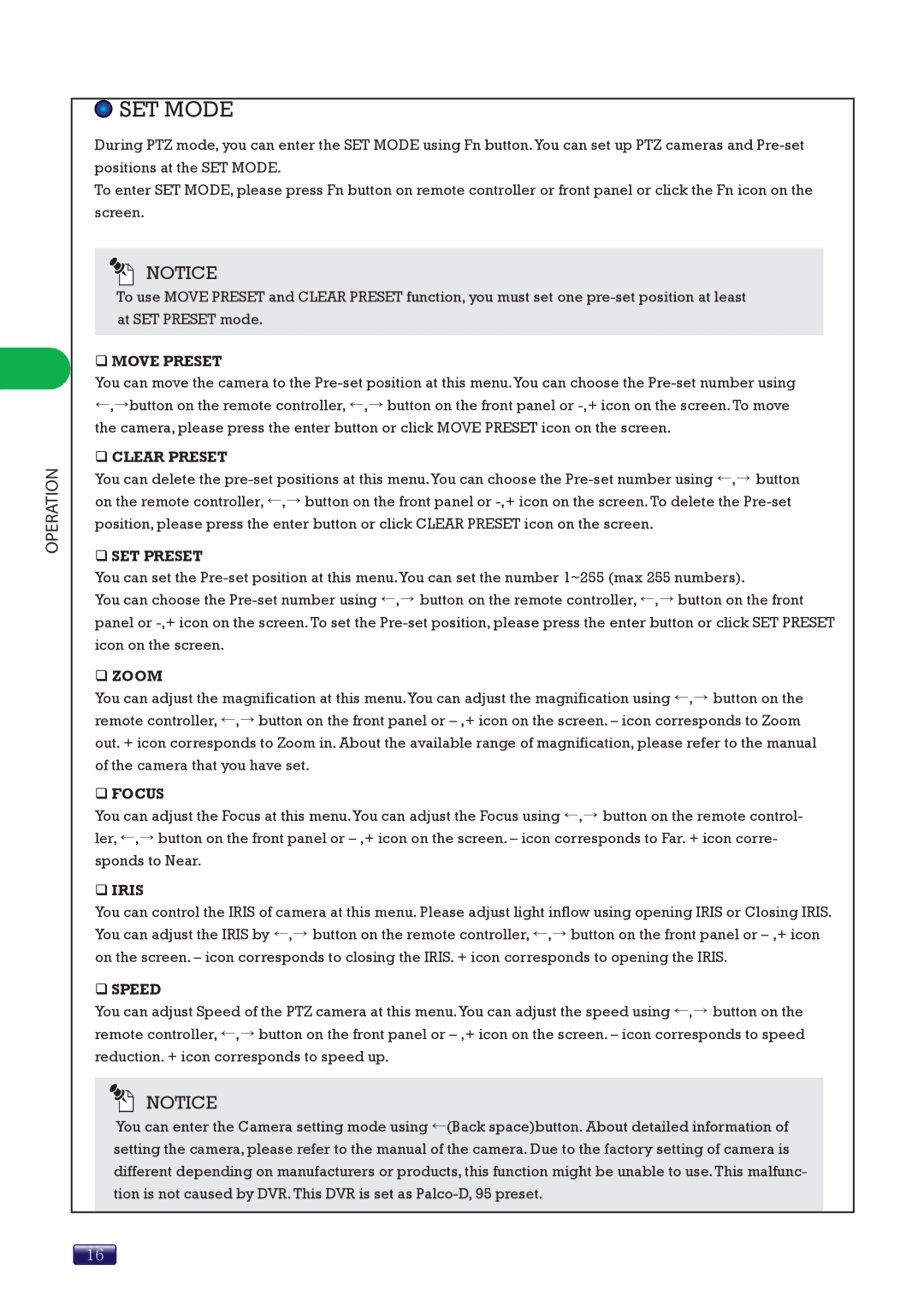 Swann SW244-8ML manual ‰ Move Preset, ‰ Clear Preset, ‰ SET Preset, ‰ Zoom, ‰ Focus, ‰ Iris, ‰ Speed 