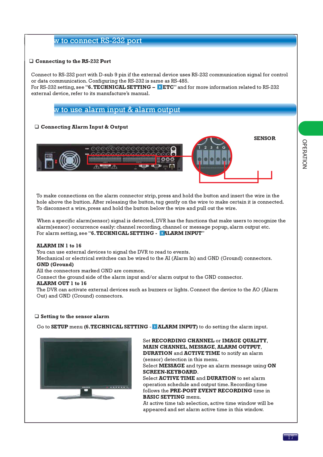 Swann SW244-8ML manual How to connect RS-232 port, How to use alarm input & alarm output, Sensor 