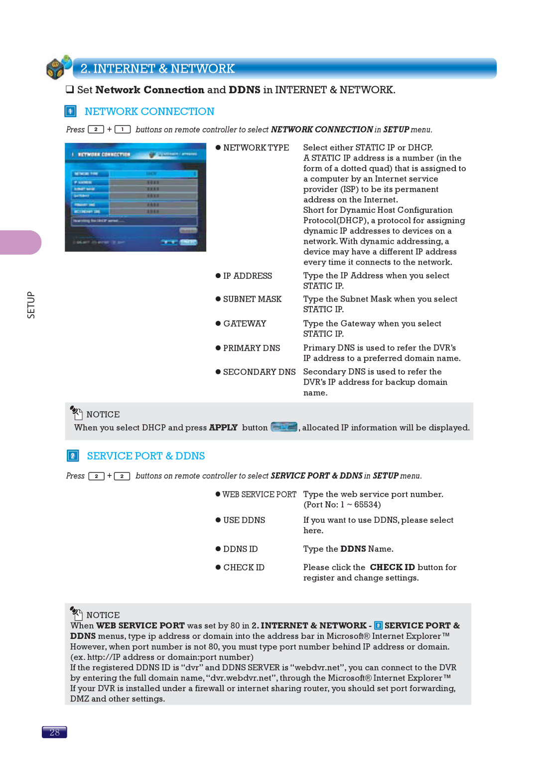 Swann SW244-8ML manual Internet & Network, Network Connection, Service Port & Ddns, Static IP 