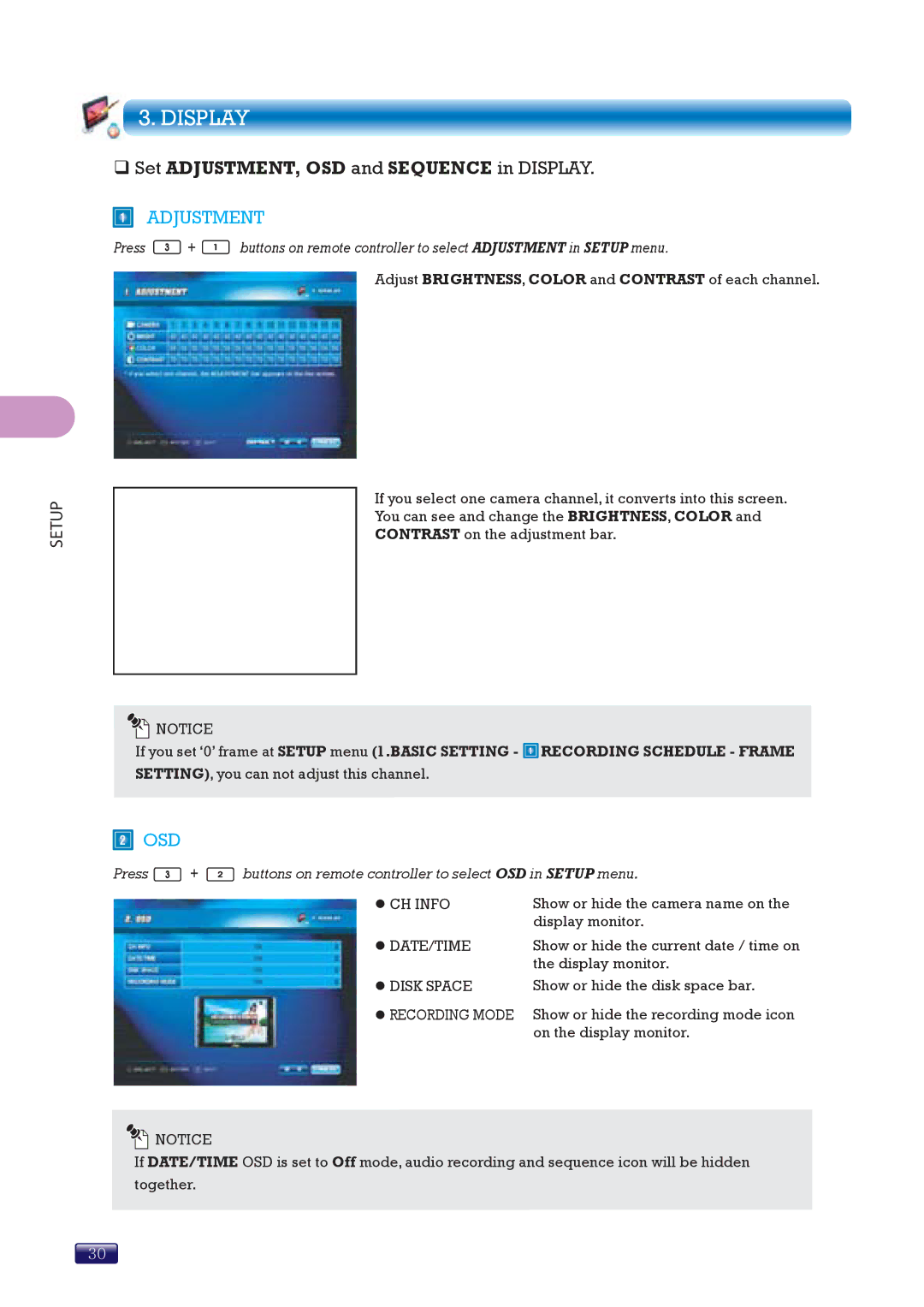 Swann SW244-8ML manual ‰ Set ADJUSTMENT, OSD and Sequence in Display, Adjustment, Osd 