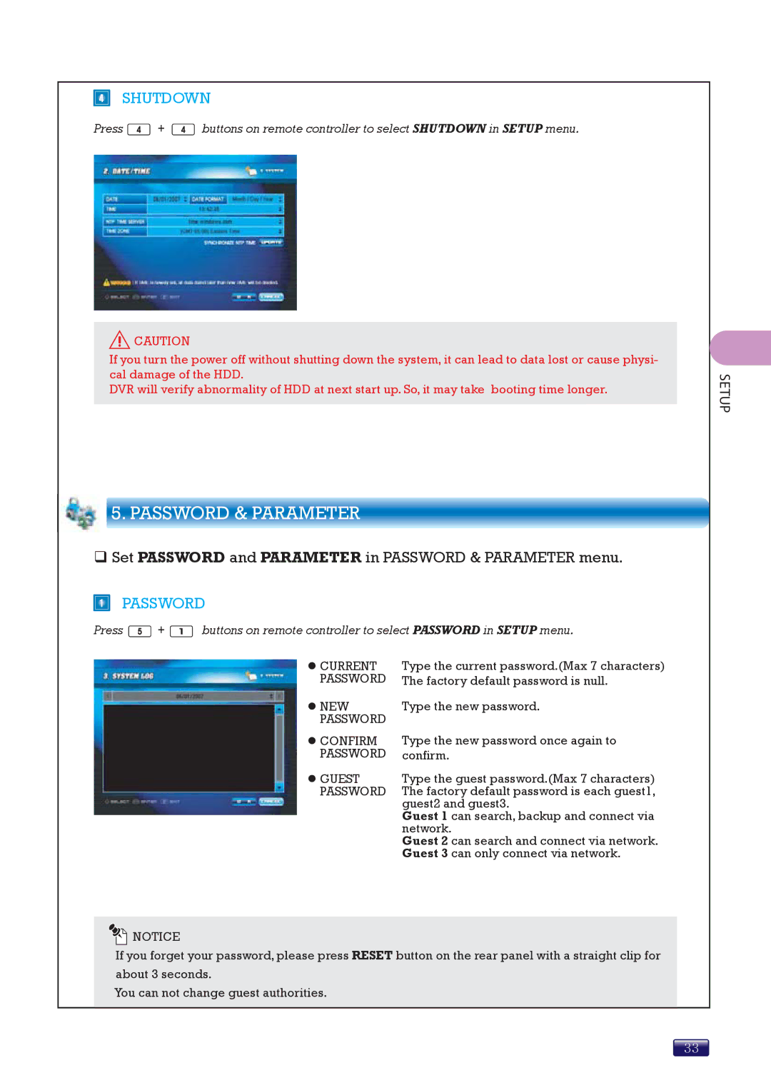 Swann SW244-8ML manual Password & Parameter, Shutdown 