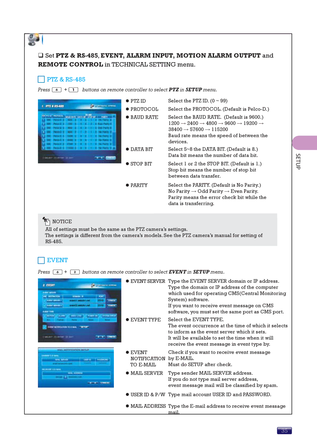 Swann SW244-8ML manual Technical Setting, Event, Notification, To E-MAIL 